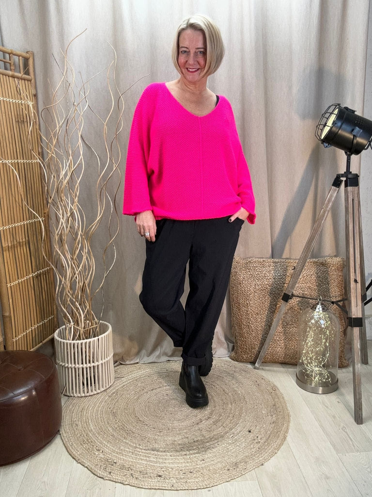 Seam Front Textured V Neck Knit Batwing Jumper Be You Lifestyle Boutique One Size / Hot Pink