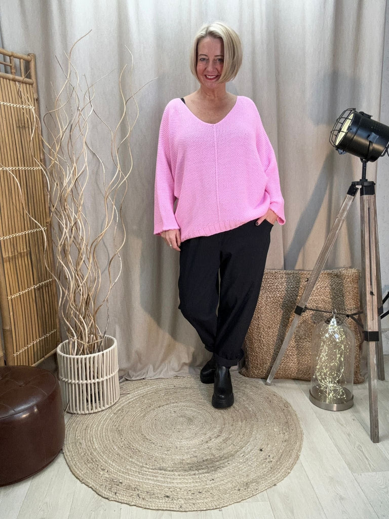 Seam Front Textured V Neck Knit Batwing Jumper Be You Lifestyle Boutique One Size / Bubblegum Pink