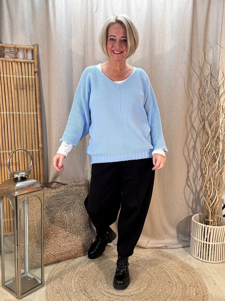 Seam Front Textured V Neck Knit Batwing Jumper Be You Lifestyle Boutique One Size / Light Blue