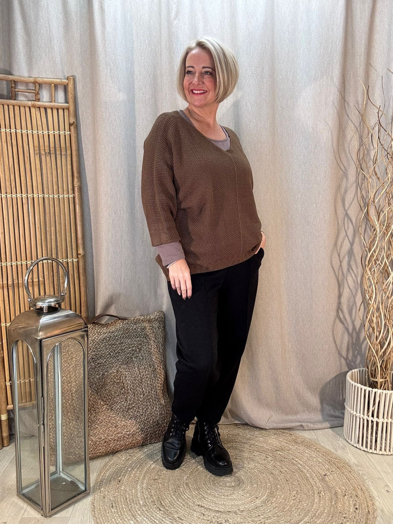 Seam Front Textured V Neck Knit Batwing Jumper Be You Lifestyle Boutique One Size / Chocolate Brown