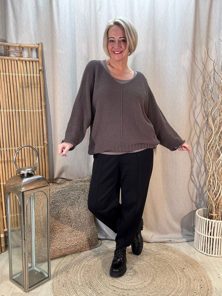 Seam Front Textured V Neck Knit Batwing Jumper Be You Lifestyle Boutique One Size / Mocha