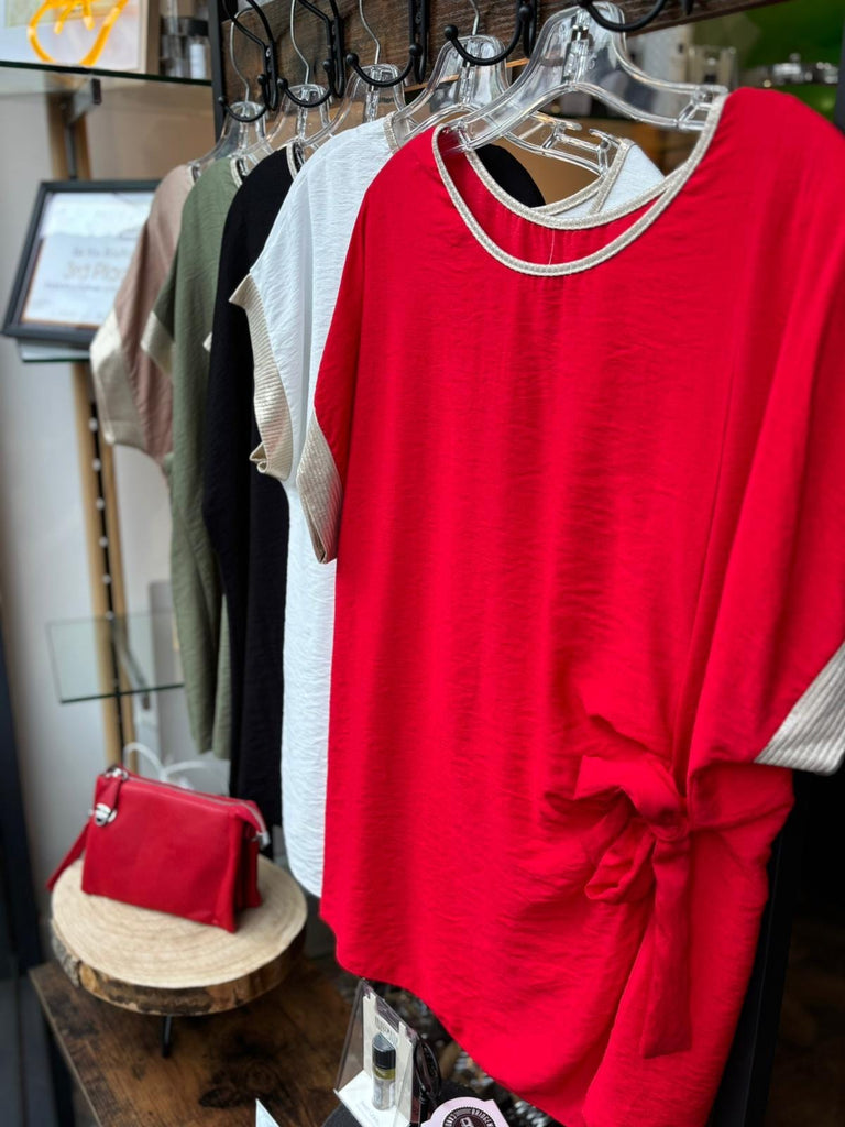 Side Tie Ruched Top With Gold Lurex Trim Be You Lifestyle Boutique One Size / Red