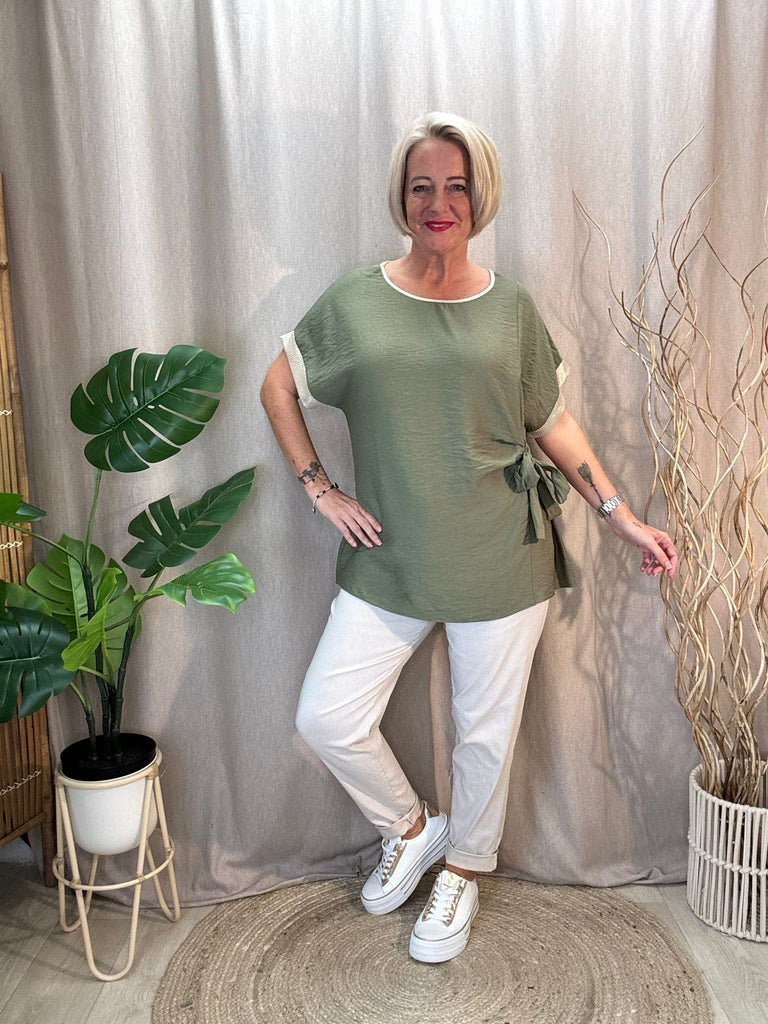 Side Tie Ruched Top With Gold Lurex Trim Be You Lifestyle Boutique One Size / Khaki