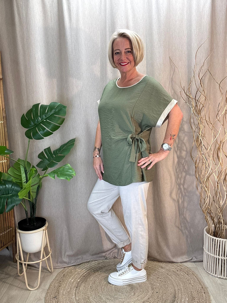 Side Tie Ruched Top With Gold Lurex Trim Be You Lifestyle Boutique
