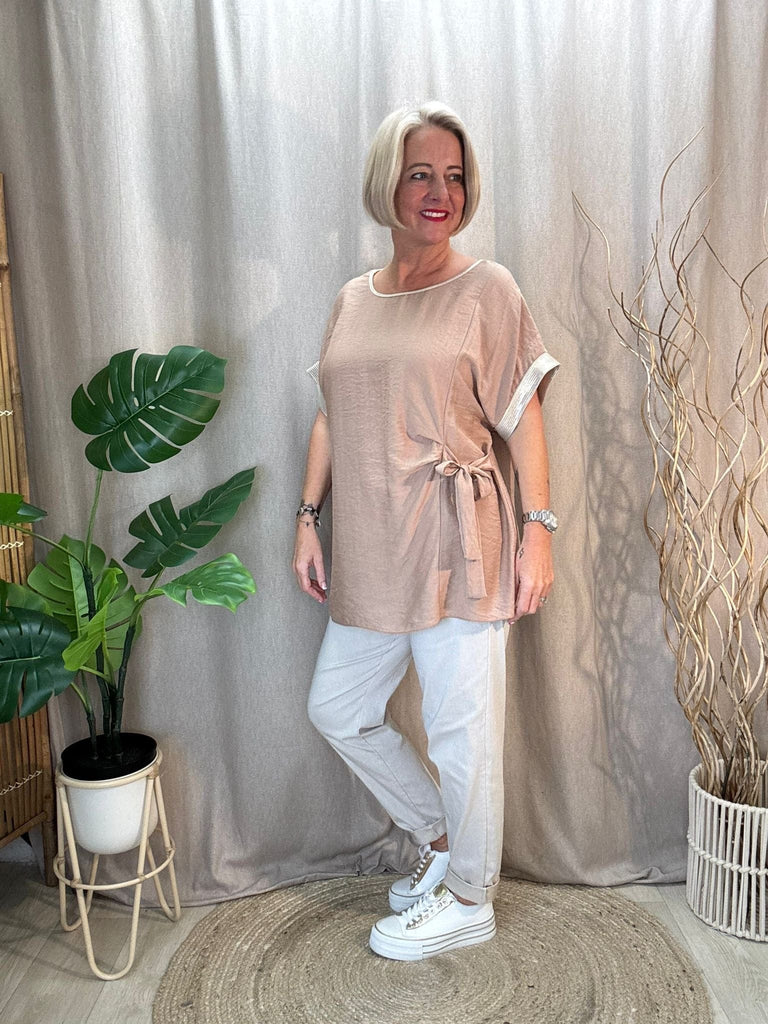 Side Tie Ruched Top With Gold Lurex Trim Be You Lifestyle Boutique One Size / Camel