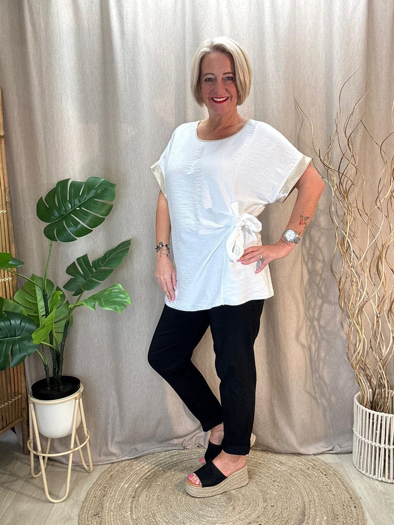 Side Tie Ruched Top With Gold Lurex Trim Be You Lifestyle Boutique