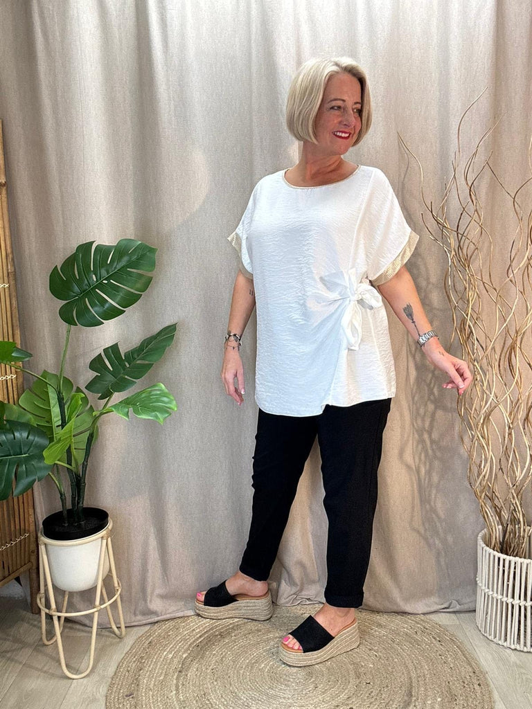 Side Tie Ruched Top With Gold Lurex Trim Be You Lifestyle Boutique One Size / White