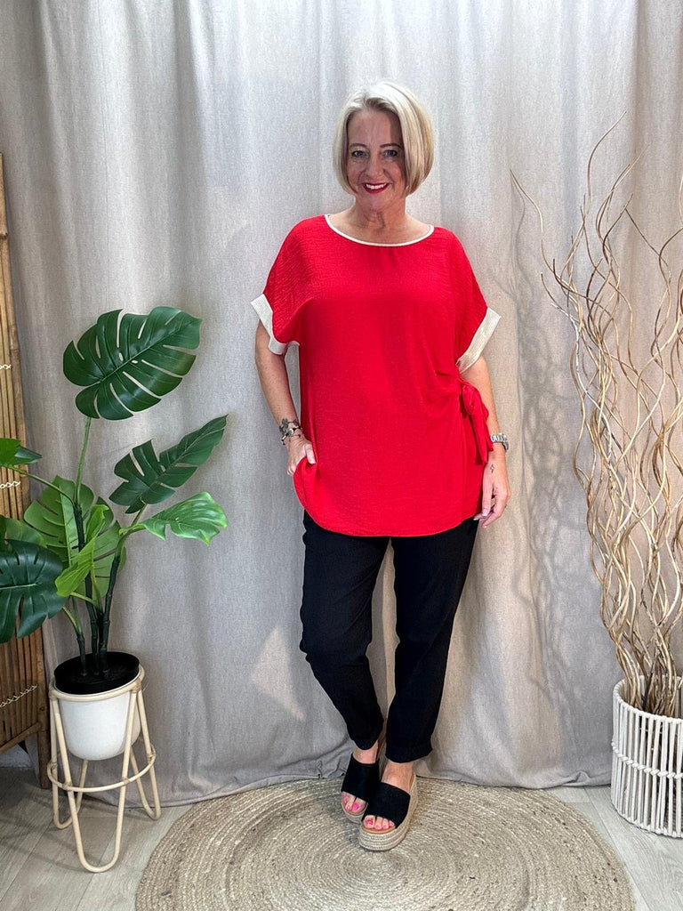 Side Tie Ruched Top With Gold Lurex Trim Be You Lifestyle Boutique One Size / Red