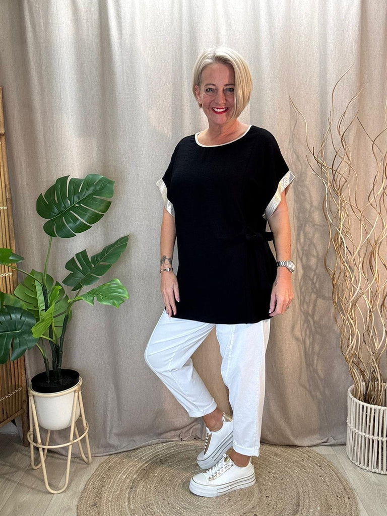 Side Tie Ruched Top With Gold Lurex Trim Be You Lifestyle Boutique One Size / Black