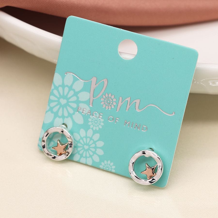 Silver Plated Beaten Disc Rose Gold Star Earrings 02645 POM