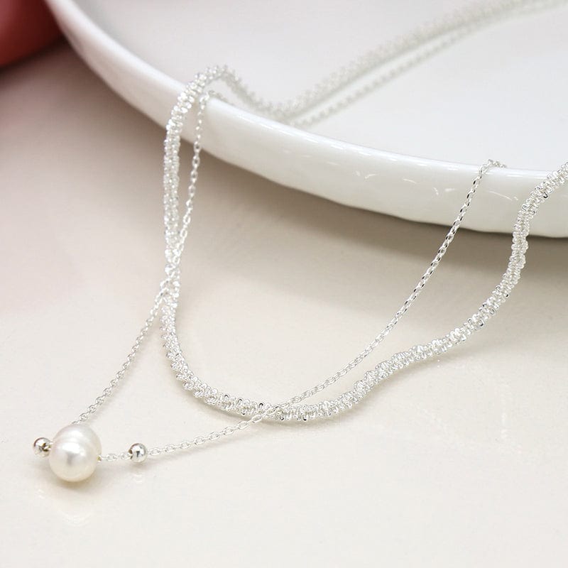 Silver Plated Double Layer Necklace With Pearl Pendant By POM Gift 04337 Be You Lifestyle Boutique