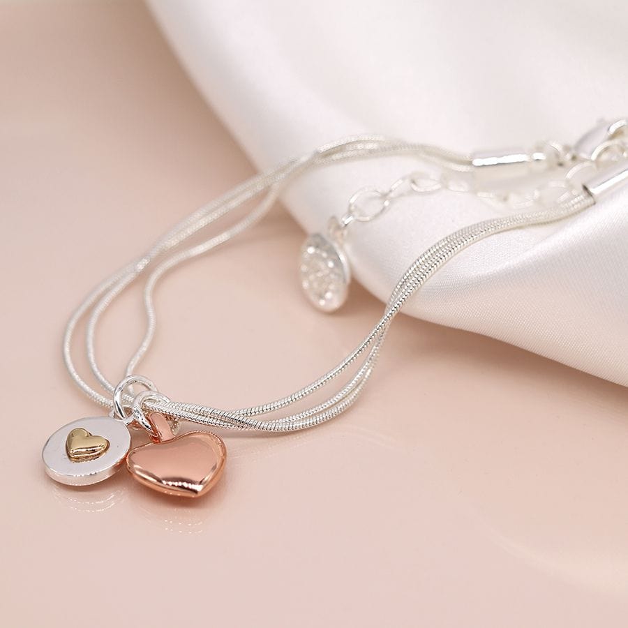 Silver Plated & Rose Gold Double Heart Charm Bracelet By POM Gift 03389 POM