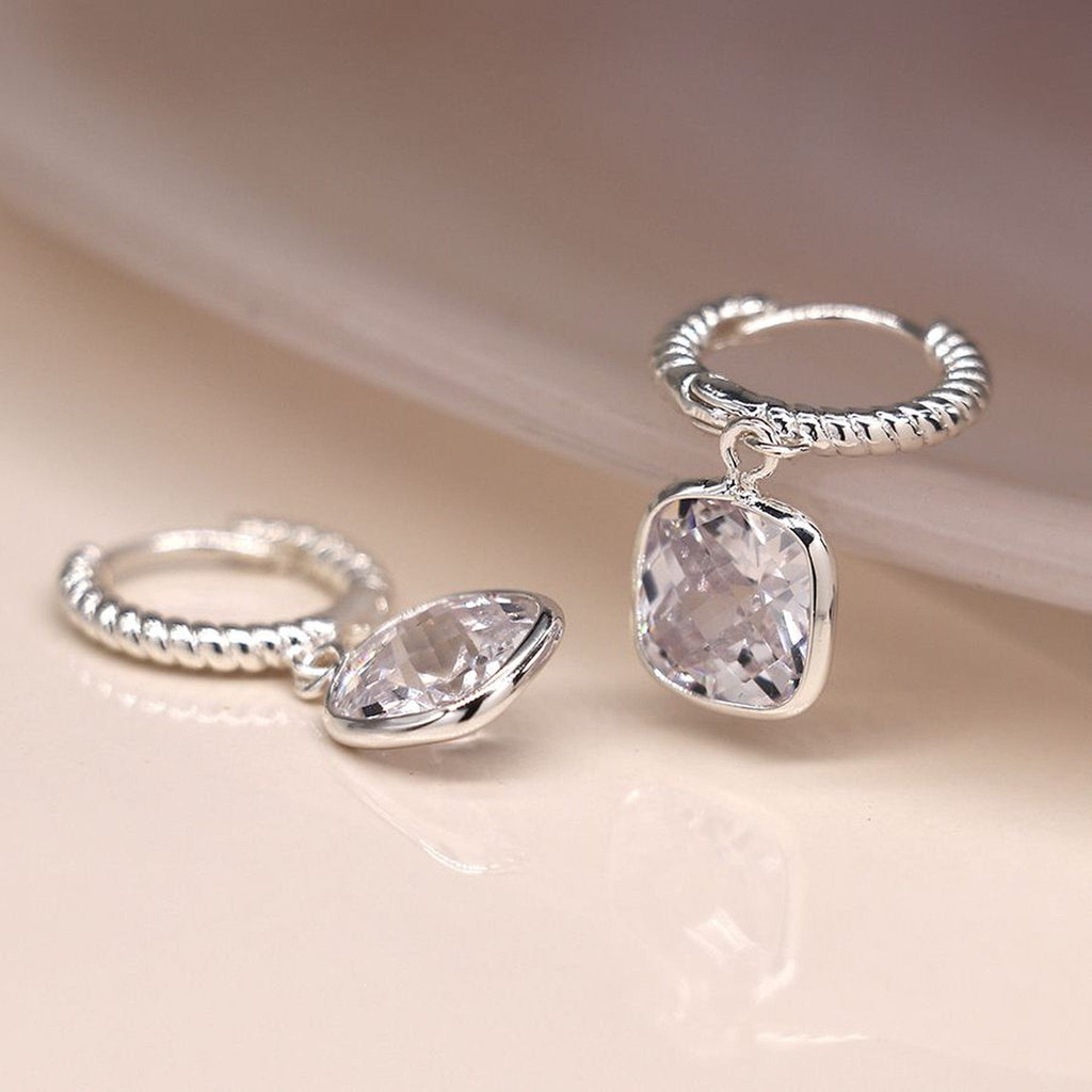 Silver Rope Twist Crystal Hoop Earrings By POM Gift 03926 POM