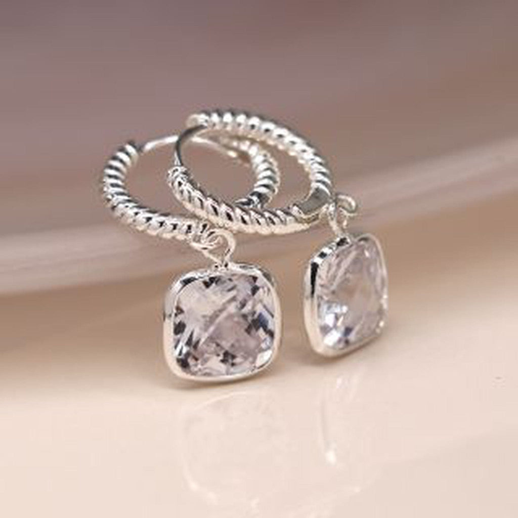 Silver Rope Twist Crystal Hoop Earrings By POM Gift 03926 POM
