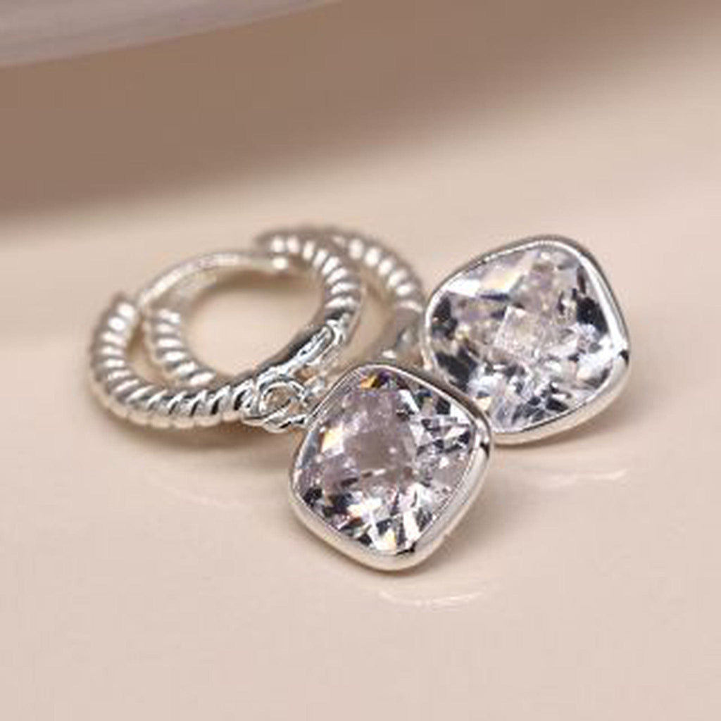 Silver Rope Twist Crystal Hoop Earrings By POM Gift 03926 POM