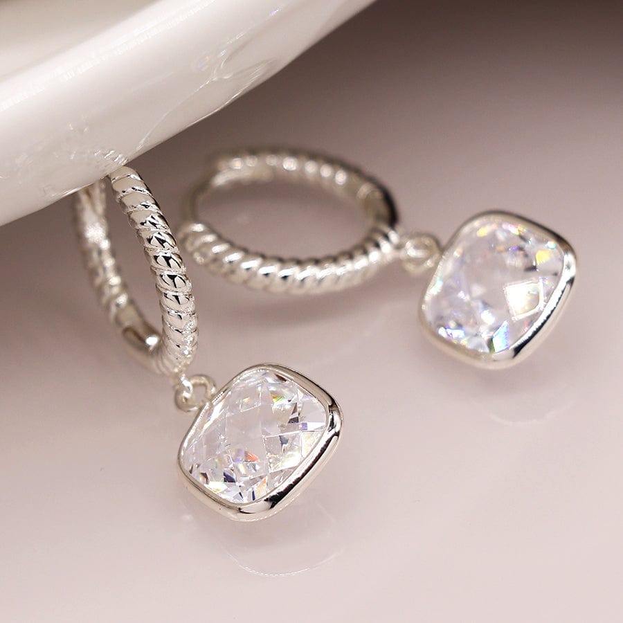 Silver Rope Twist Crystal Hoop Earrings By POM Gift 03926 POM