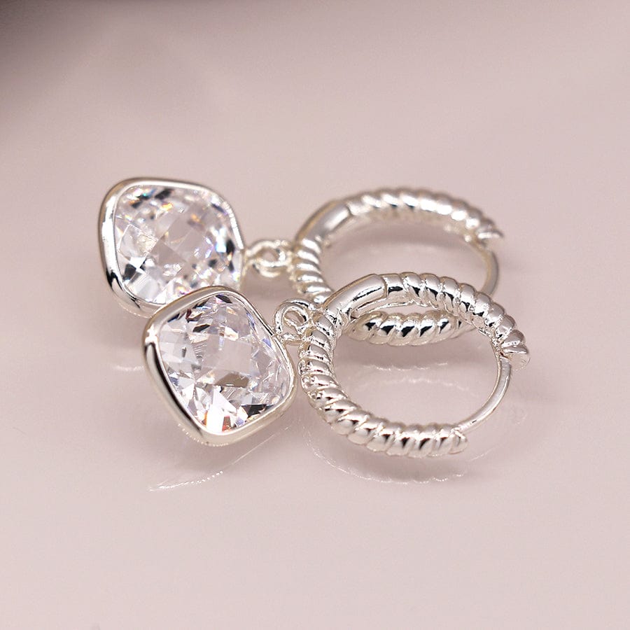 Silver Rope Twist Crystal Hoop Earrings By POM Gift 03926 POM