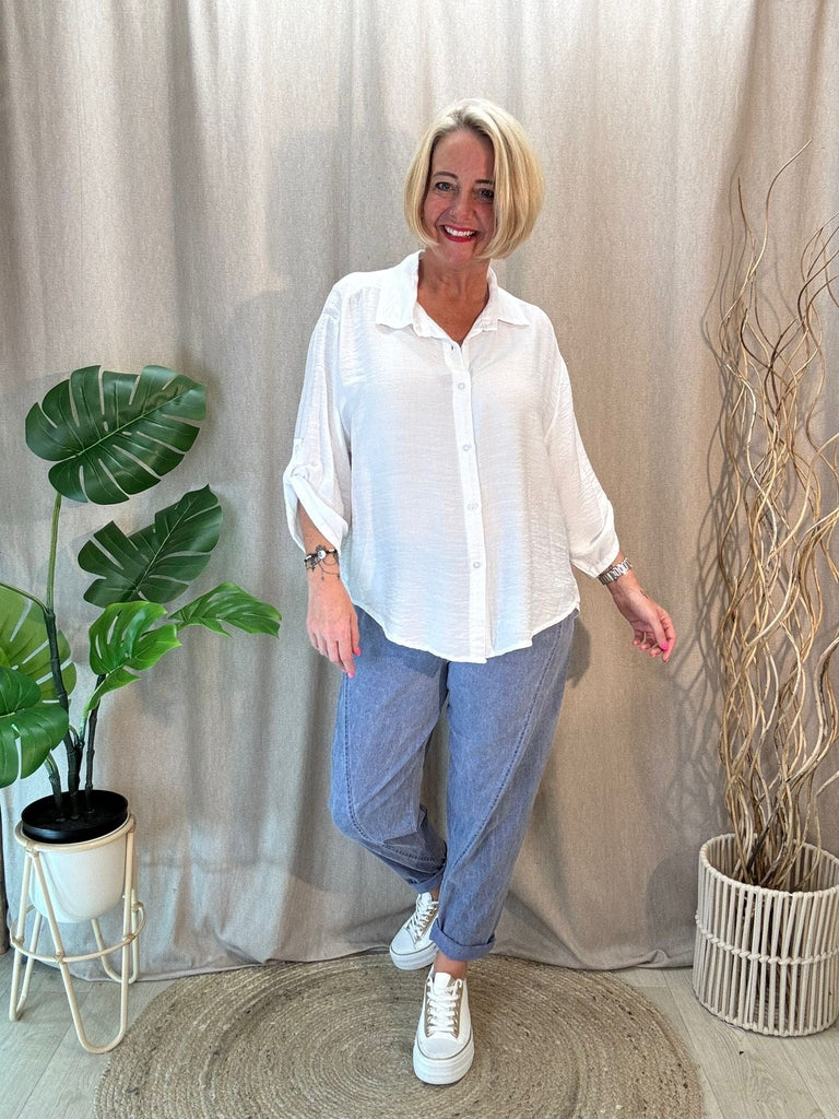 Simple White Turn Up Button Sleeve Shirt Blouse Be You Lifestyle Boutique One Size
