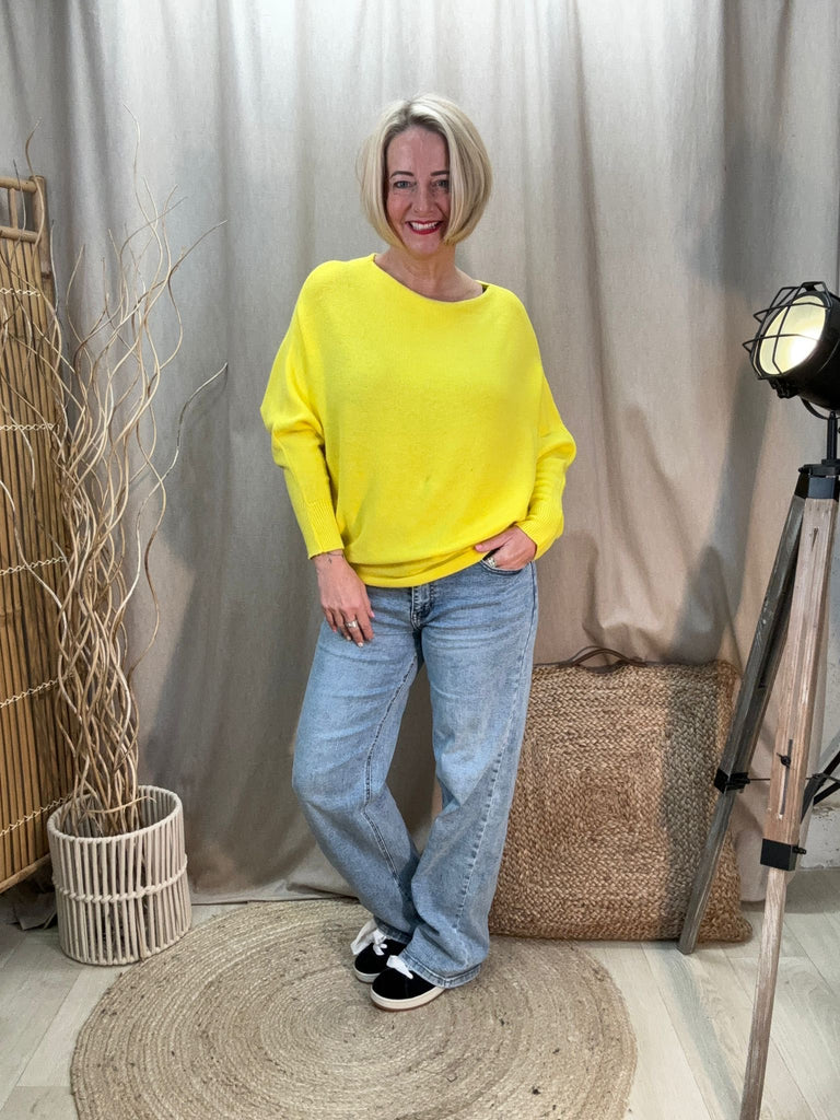 yellow batwing fine knit jumper with slash neck