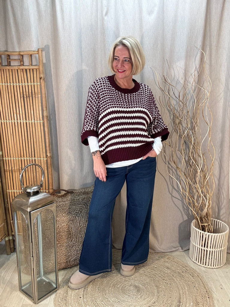 Striped Drop Box Knit Jumper Be You Lifestyle Boutique Burgundy & Cream