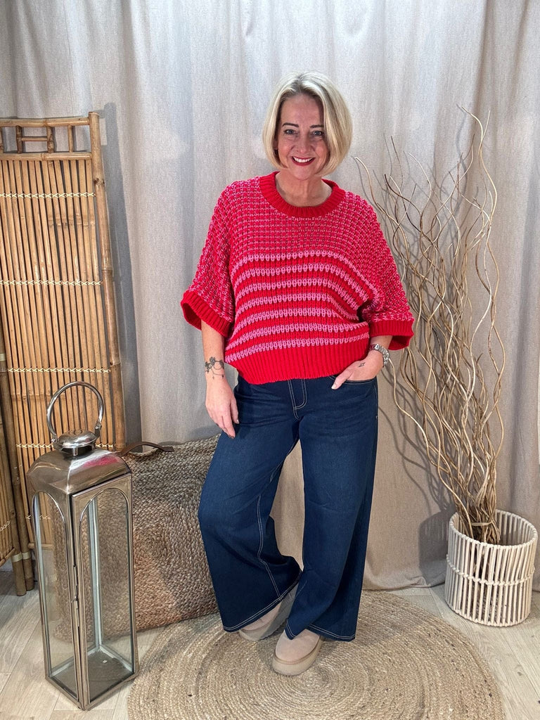 Striped Drop Box Knit Jumper Be You Lifestyle Boutique Pink & Red