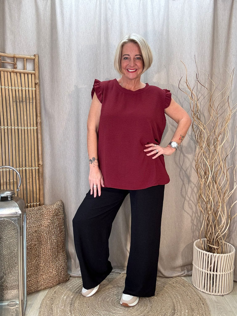 Sweet & Simple Frill Sleeved Top Be You Lifestyle Boutique One Size / Burgundy