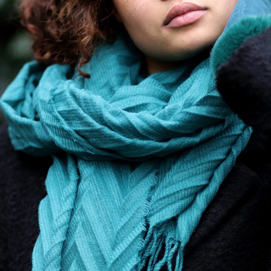 Teal Herringbone Tassel Scarf By POM 52684 Be You Lifestyle Boutique