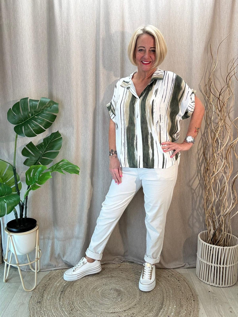 Tie Dye V Neck Collared Short Sleeve Top Be You Lifestyle Boutique One Size / Khaki