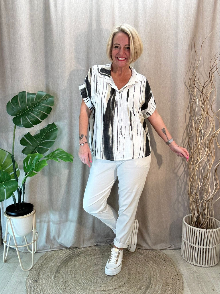 Tie Dye V Neck Collared Short Sleeve Top Be You Lifestyle Boutique One Size / Black