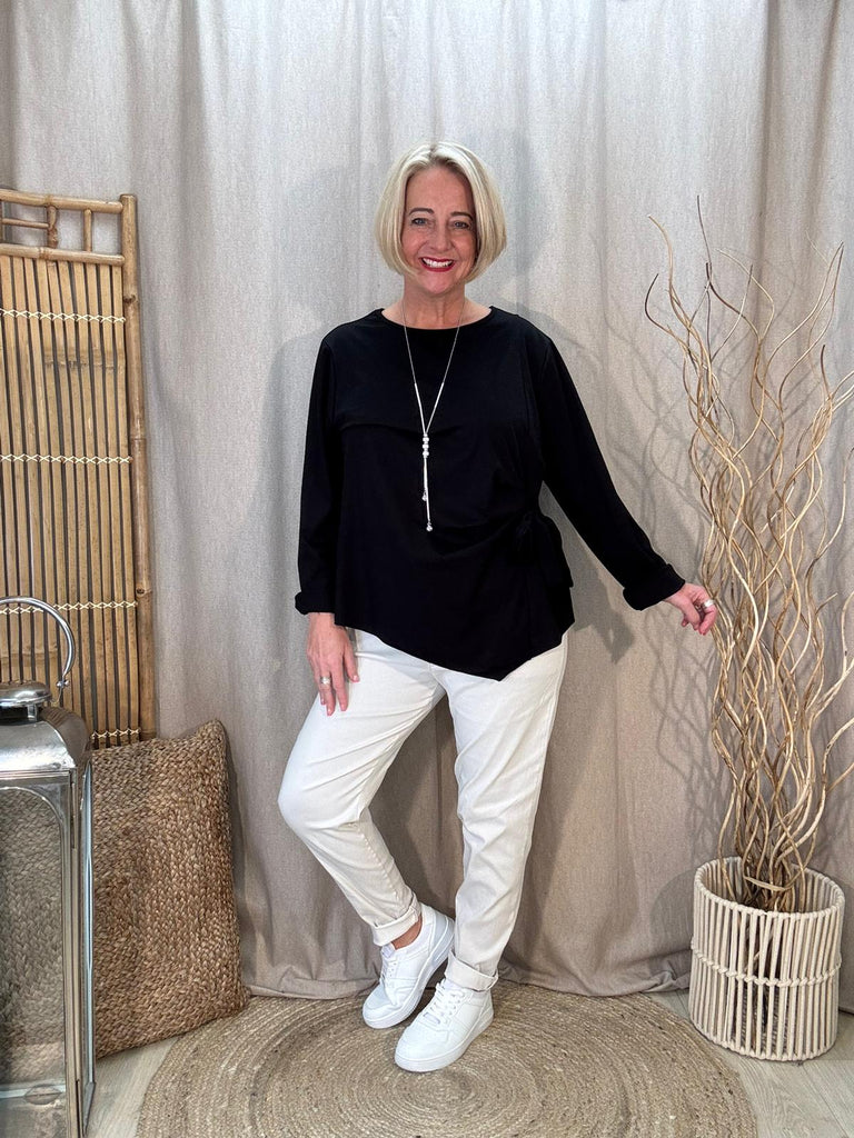 Tie Side Long Sleeved Top With Silver Necklace Be You Lifestyle Boutique One Size / Black