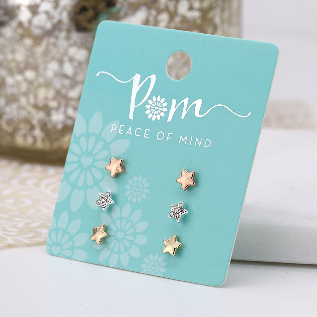 Triple Star Studs Earrings Set By POM Rose Gold Silver Gift 03225 POM