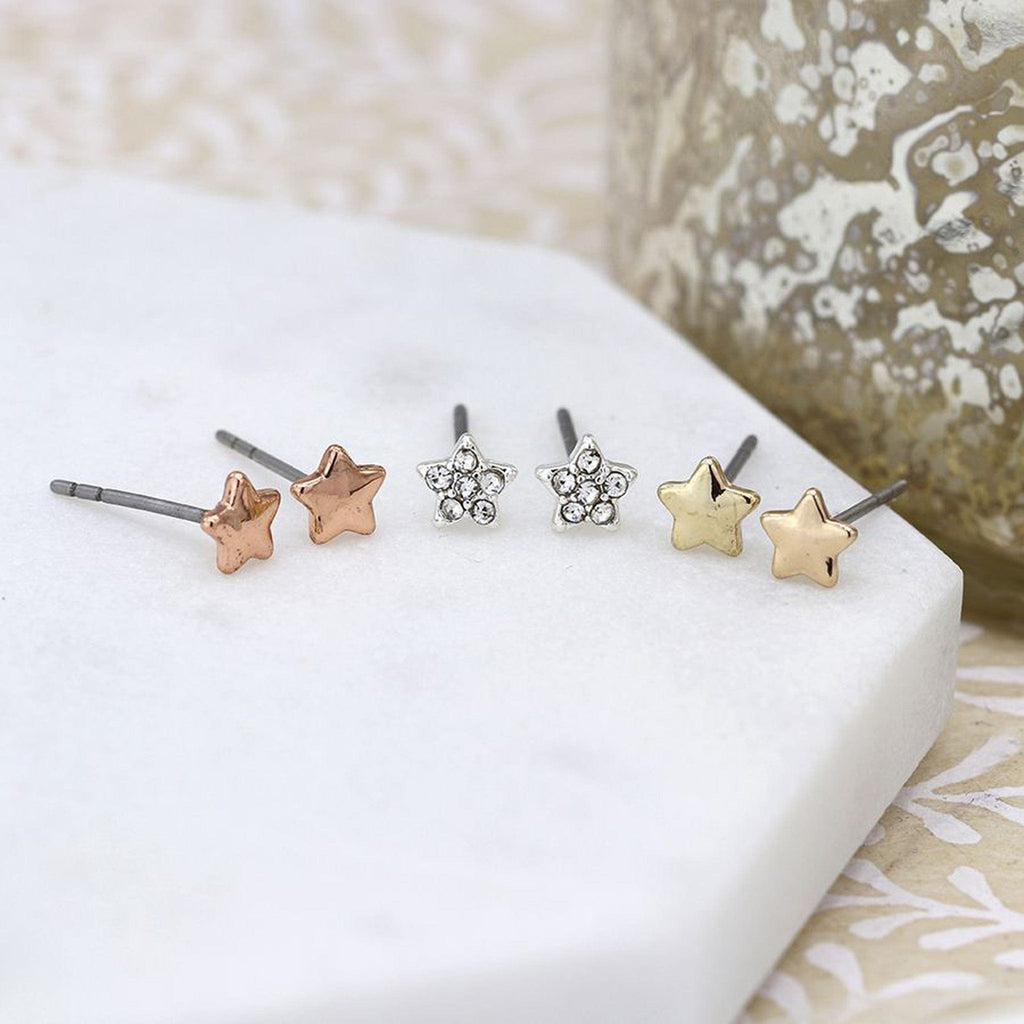 Triple Star Studs Earrings Set By POM Rose Gold Silver Gift 03225 POM