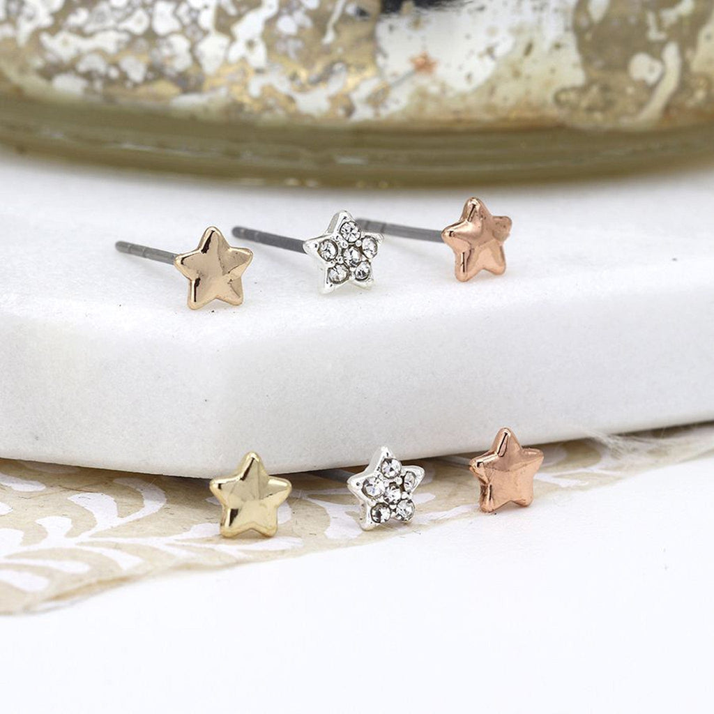 Triple Star Studs Earrings Set By POM Rose Gold Silver Gift 03225 POM