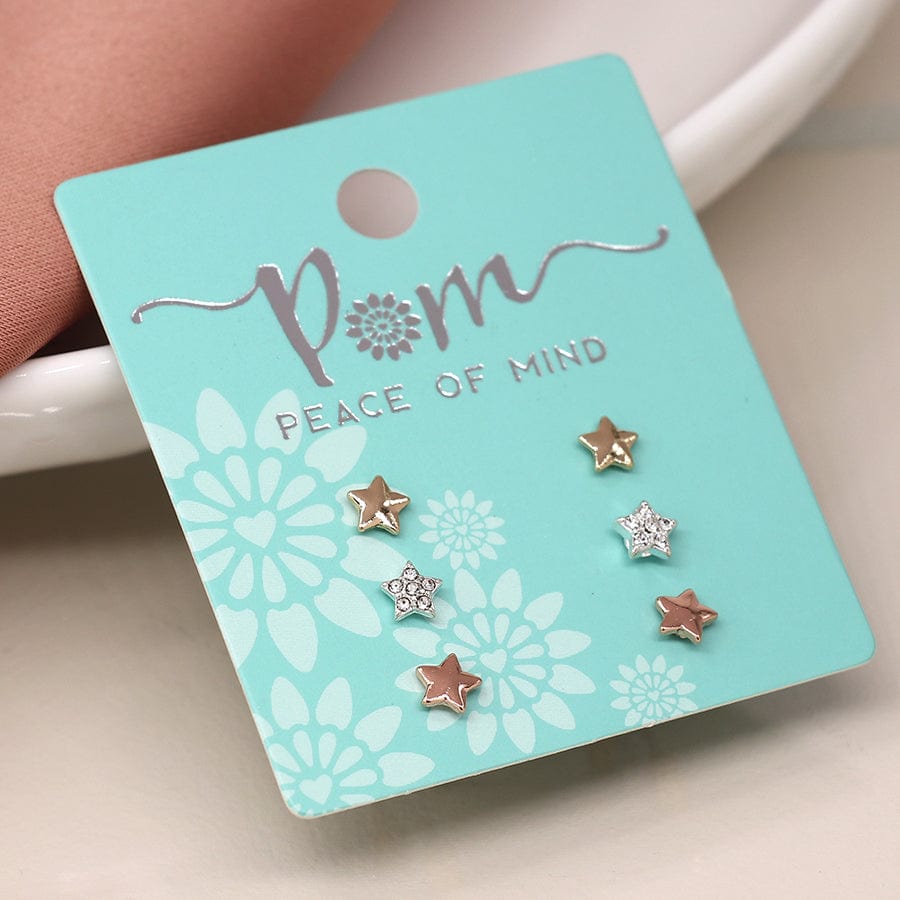 Triple Star Studs Earrings Set By POM Rose Gold Silver Gift 03225 POM