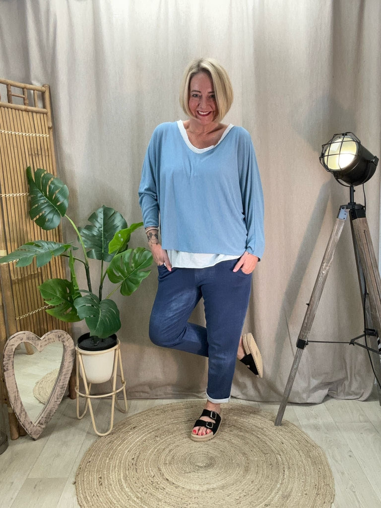 Two Piece Fine Knit Top With White Vest Be You Lifestyle Boutique One Size / Denim Blue
