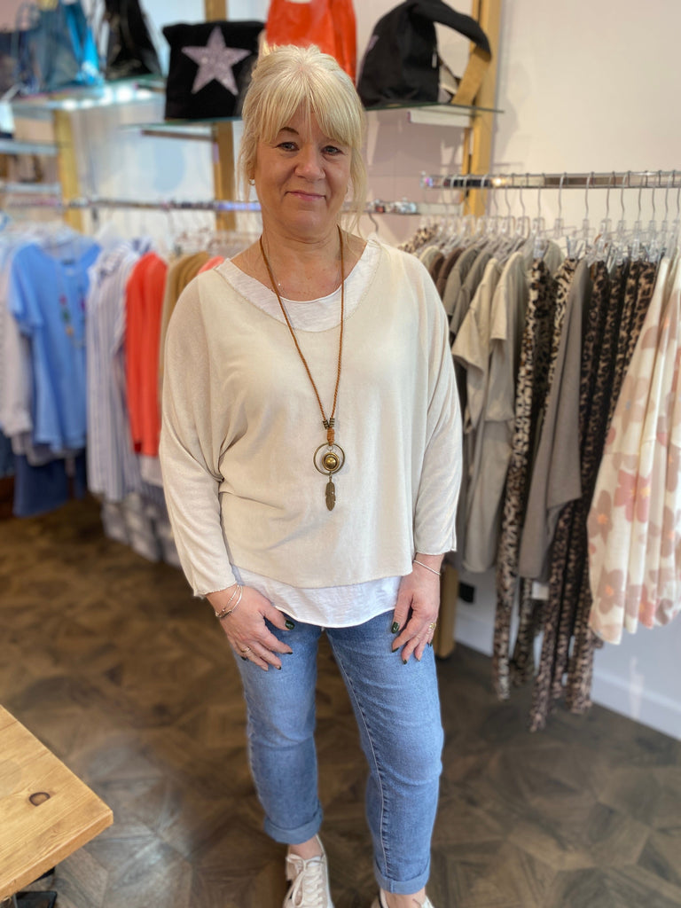Two Piece Fine Knit Top With White Vest Be You Lifestyle Boutique One Size / Stone