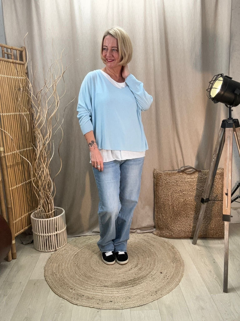 𝗦𝗔𝗟𝗘 𝗖𝗢𝗟𝗢𝗨𝗥𝗦 Two Piece Fine Knit Top With White Vest Be You Lifestyle Boutique One Size / Baby Blue