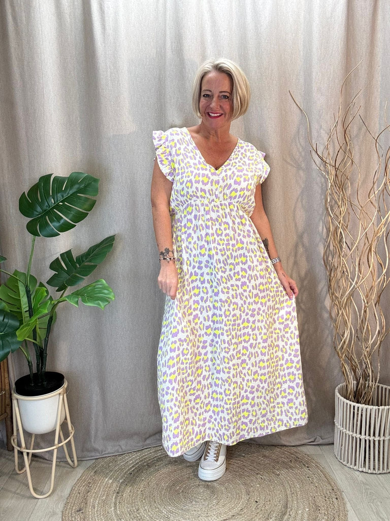 V Neck Frill Sleeved Leopard Print Dress Be You Lifestyle Boutique One Size / Lilac & yellow