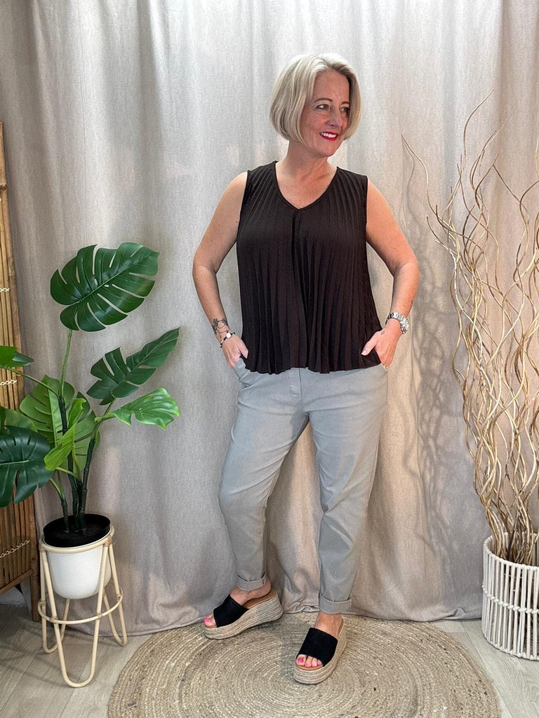 V Neck Pleated Sleevless Top Be You Lifestyle Boutique One Size / Chocolate