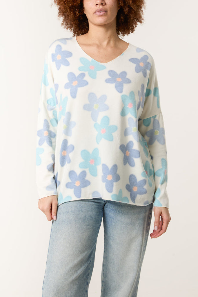 v neck daisy print jumper blue