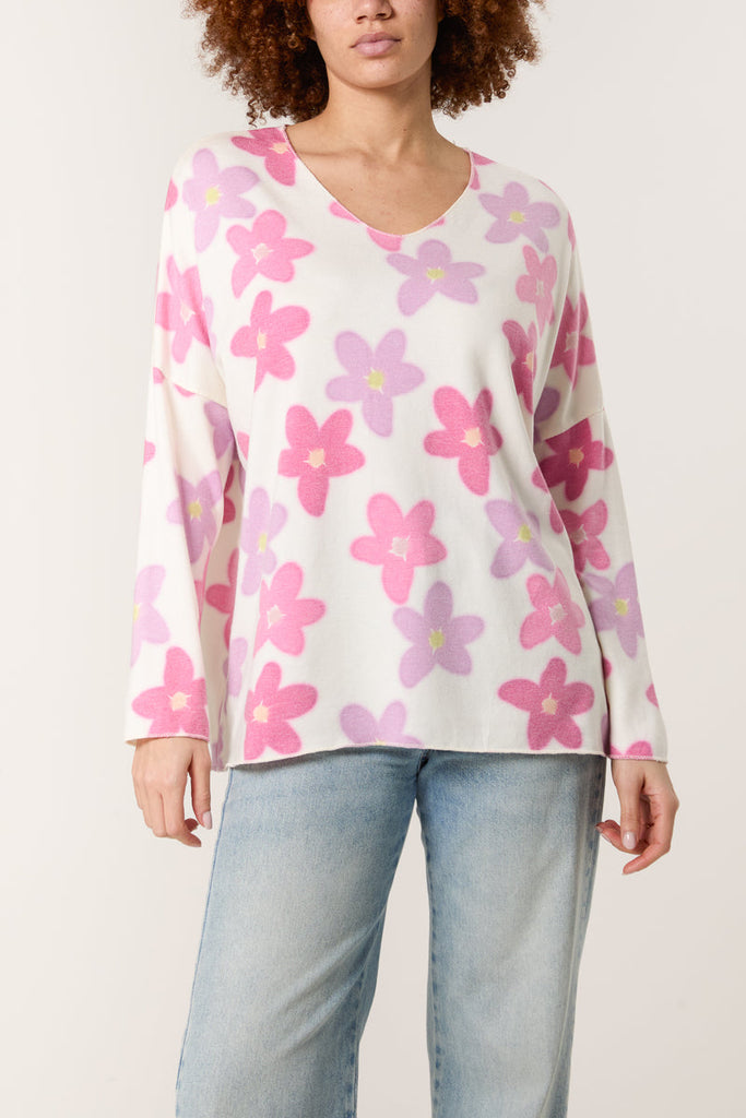 v neck daisy print jumper pink and lilac