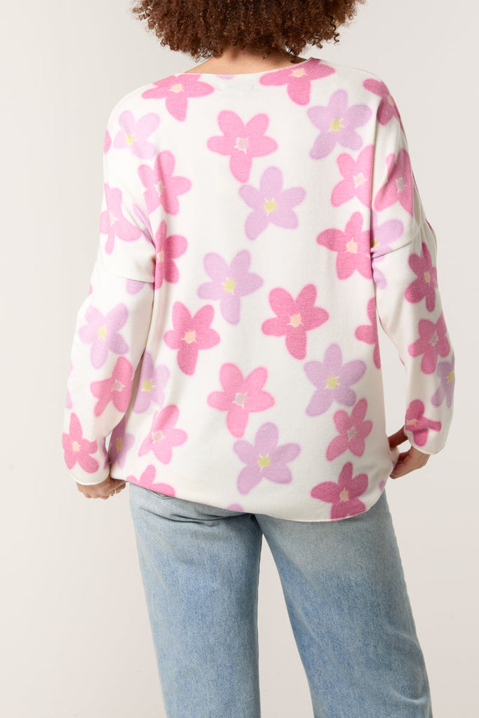 v neck daisy print lilac and pink jumper