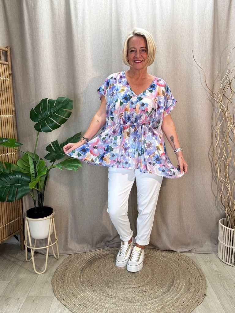 Watercolour Floral Sheer Top Be You Lifestyle Boutique One Size / Blue