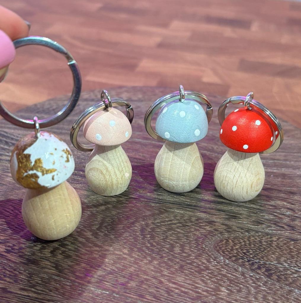 cute wooden handmade toadstool keyrings