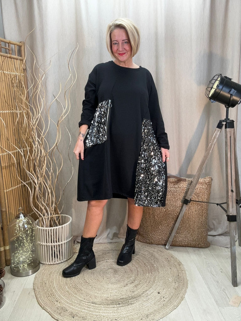 Zip & Sequin Insert Cocoon Tunic Dress Be You Lifestyle Boutique One Size / Black