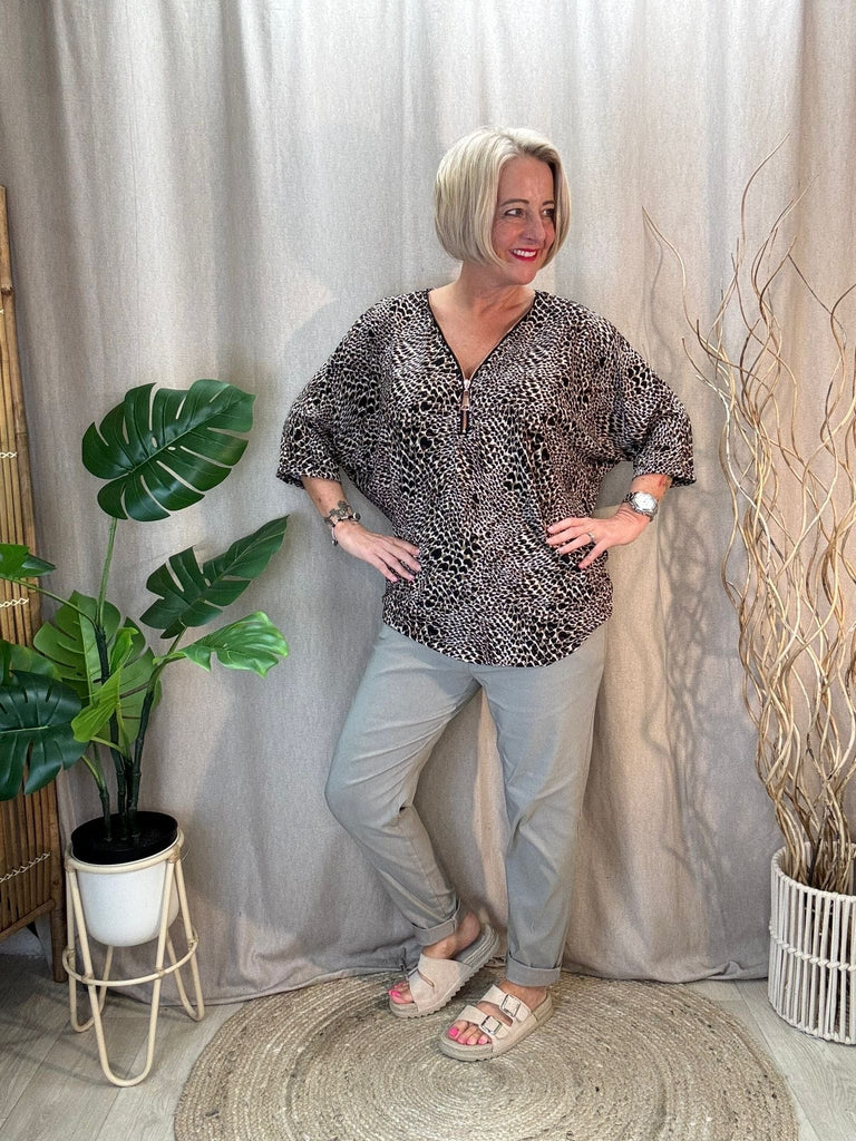 Zip V Neck Leopard Print Top Be You Lifestyle Boutique One Size