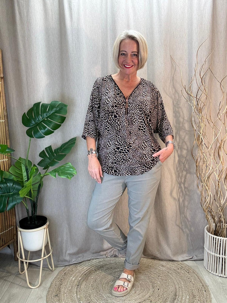 Zip V Neck Leopard Print Top Be You Lifestyle Boutique One Size